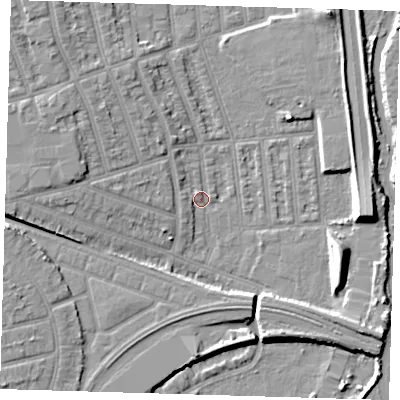 Shaded relief map of the ground around E126JE, computed from Environment Agency LiDAR. The ground here sits at about 3 m above sea level and falls 9 m across the surrounding 800 m. Surface water reaching this point runs off ground lying to the west-south-west, 2.5 m higher.