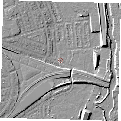 Shaded relief map of the ground around E126JF, computed from Environment Agency LiDAR. The ground here sits at about 3 m above sea level and falls 9 m across the surrounding 800 m. Surface water reaching this point runs off ground lying to the west-north-west, 6.5 m higher.