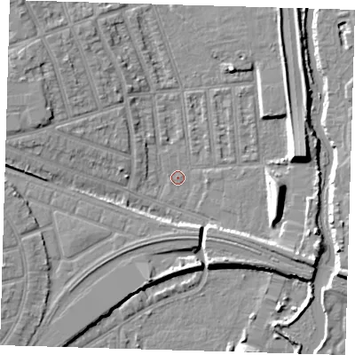 Shaded relief map of the ground around E126JG, computed from Environment Agency LiDAR. The ground here sits at about 3 m above sea level and falls 9 m across the surrounding 800 m. Surface water reaching this point runs off ground lying to the east, 8.8 m higher.