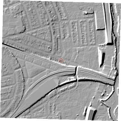 Shaded relief map of the ground around E126JH, computed from Environment Agency LiDAR. The ground here sits at about 3 m above sea level and falls 9 m across the surrounding 800 m. Surface water reaching this point runs off ground lying to the west-north-west, 6.9 m higher.