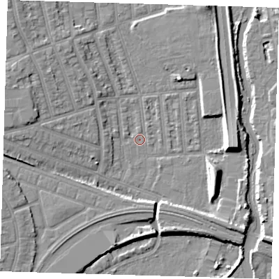 Shaded relief map of the ground around E126JJ, computed from Environment Agency LiDAR. The ground here sits at about 2 m above sea level and falls 9 m across the surrounding 800 m. Surface water reaching this point runs off ground lying to the west-north-west, 7.2 m higher.