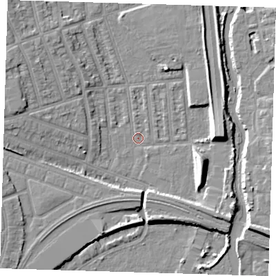 Shaded relief map of the ground around E126JL, computed from Environment Agency LiDAR. The ground here sits at about 3 m above sea level and falls 9 m across the surrounding 800 m. Surface water reaching this point runs off ground lying to the west, 6.3 m higher.