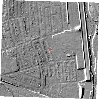 Shaded relief map of the ground around E126JN, computed from Environment Agency LiDAR. The ground here sits at about 3 m above sea level and falls 9 m across the surrounding 800 m. Surface water reaching this point runs off ground lying to the west-north-west, 4.5 m higher.
