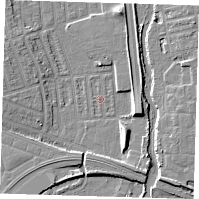 Shaded relief map of the ground around E126JP, computed from Environment Agency LiDAR. The ground here sits at about 3 m above sea level and falls 9 m across the surrounding 800 m. Surface water reaching this point runs off ground lying to the west-north-west, 5.5 m higher.