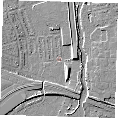 Shaded relief map of the ground around E126JR, computed from Environment Agency LiDAR. The ground here sits at about 3 m above sea level and falls 9 m across the surrounding 800 m. Surface water reaching this point runs off ground lying to the east, 8.9 m higher.