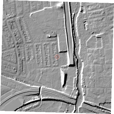 Shaded relief map of the ground around E126JS, computed from Environment Agency LiDAR. The ground here sits at about 3 m above sea level and falls 9 m across the surrounding 800 m. Surface water reaching this point runs off ground lying to the east-south-east, 8.9 m higher.