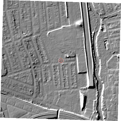 Shaded relief map of the ground around E126JT, computed from Environment Agency LiDAR. The ground here sits at about 3 m above sea level and falls 9 m across the surrounding 800 m. Surface water reaching this point runs off ground lying to the south-west, 2.5 m higher.