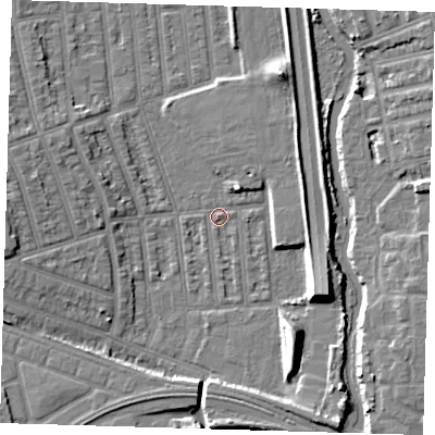 Shaded relief map of the ground around E126JU, computed from Environment Agency LiDAR. The ground here sits at about 3 m above sea level and falls 9 m across the surrounding 800 m. Surface water reaching this point runs off ground lying to the south-west, 2.5 m higher.