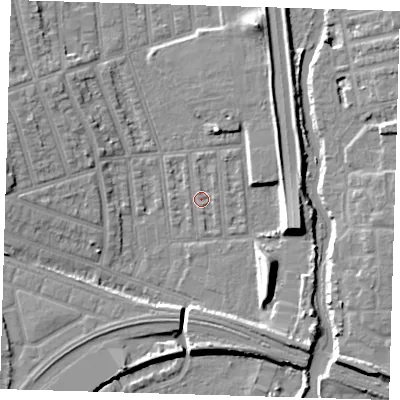 Shaded relief map of the ground around E126JW, computed from Environment Agency LiDAR. The ground here sits at about 3 m above sea level and falls 9 m across the surrounding 800 m. Surface water reaching this point runs off ground lying to the west, 6.7 m higher.