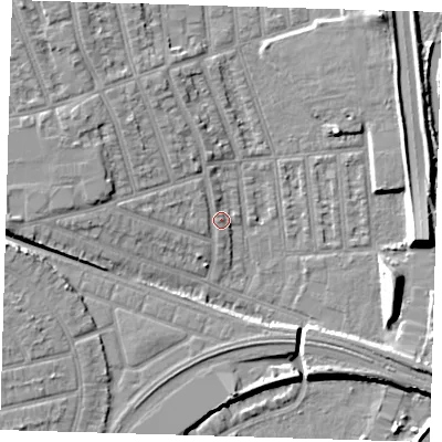 Shaded relief map of the ground around E126JX, computed from Environment Agency LiDAR. The ground here sits at about 5 m above sea level and falls 9 m across the surrounding 800 m. Surface water reaching this point runs off ground lying to the west, 5.9 m higher.