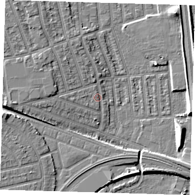 Shaded relief map of the ground around E126JY, computed from Environment Agency LiDAR. The ground here sits at about 5 m above sea level and falls 9 m across the surrounding 800 m. Surface water reaching this point runs off ground lying to the west, 5.9 m higher.