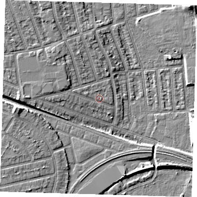 Shaded relief map of the ground around E126JZ, computed from Environment Agency LiDAR. The ground here sits at about 6 m above sea level and falls 9 m across the surrounding 800 m. Surface water reaching this point runs off ground lying to the west, 2.5 m higher.