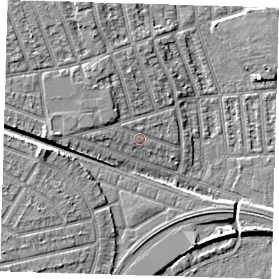 Shaded relief map of the ground around E126LA, computed from Environment Agency LiDAR. The ground here sits at about 6 m above sea level and falls 9 m across the surrounding 800 m. Surface water reaching this point runs off ground lying to the west-north-west, 1.8 m higher.