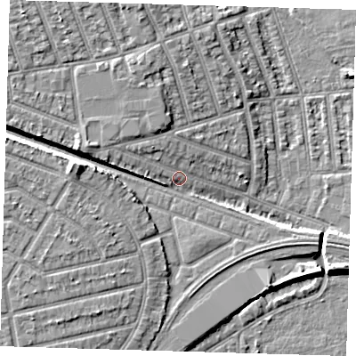 Shaded relief map of the ground around E126LB, computed from Environment Agency LiDAR. The ground here sits at about 6 m above sea level and falls 9 m across the surrounding 800 m. Surface water reaching this point runs off ground lying to the west-north-west, 4.3 m higher.