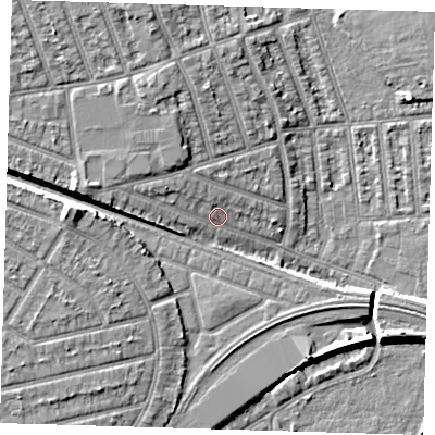 Shaded relief map of the ground around E126LD, computed from Environment Agency LiDAR. The ground here sits at about 6 m above sea level and falls 9 m across the surrounding 800 m. Surface water reaching this point runs off ground lying to the west-north-west, 4.8 m higher.