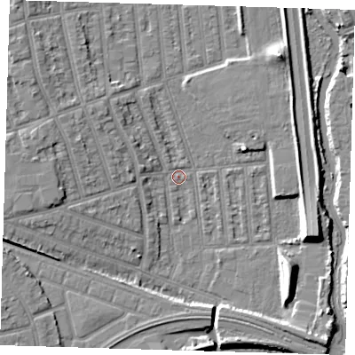 Shaded relief map of the ground around E126LE, computed from Environment Agency LiDAR. The ground here sits at about 3 m above sea level and falls 9 m across the surrounding 800 m. Surface water reaching this point runs off ground lying to the north-west, 3.8 m higher.