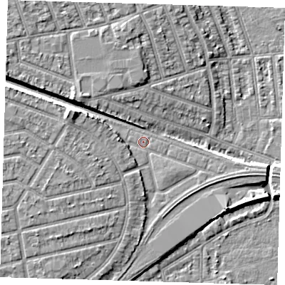 Shaded relief map of the ground around E126LR, computed from Environment Agency LiDAR. The ground here sits at about 6 m above sea level and falls 9 m across the surrounding 800 m. Surface water reaching this point runs off ground lying to the west-north-west, 5.2 m higher.