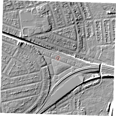 Shaded relief map of the ground around E126LS, computed from Environment Agency LiDAR. The ground here sits at about 6 m above sea level and falls 9 m across the surrounding 800 m. Surface water reaching this point runs off ground lying to the south, 1.1 m higher.