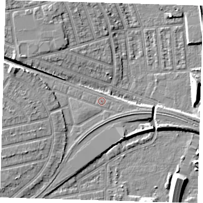 Shaded relief map of the ground around E126LT, computed from Environment Agency LiDAR. The ground here sits at about 6 m above sea level and falls 9 m across the surrounding 800 m. The ground contributing surface water to this point lies to the east-south-east.