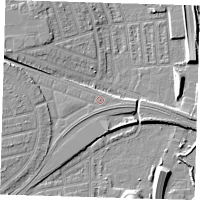 Shaded relief map of the ground around E126LU, computed from Environment Agency LiDAR. The ground here sits at about 6 m above sea level and falls 9 m across the surrounding 800 m. Surface water reaching this point runs off ground lying to the east-south-east, 1.1 m higher.