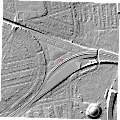 Shaded relief map of the ground around E126LX, computed from Environment Agency LiDAR. The ground here sits at about 6 m above sea level and falls 10 m across the surrounding 800 m. Surface water reaching this point runs off ground lying to the east-north-east, 1.2 m higher.