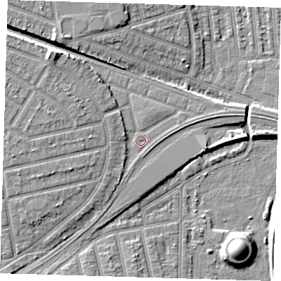 Shaded relief map of the ground around E126LY, computed from Environment Agency LiDAR. The ground here sits at about 6 m above sea level and falls 10 m across the surrounding 800 m. Surface water reaching this point runs off ground lying to the west, 1.9 m higher.
