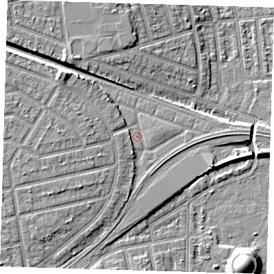 Shaded relief map of the ground around E126LZ, computed from Environment Agency LiDAR. The ground here sits at about 6 m above sea level and falls 10 m across the surrounding 800 m. Surface water reaching this point runs off ground lying to the west, 2.2 m higher.