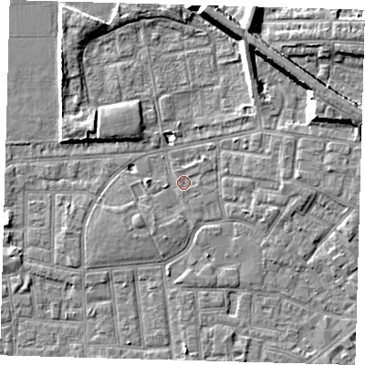 Shaded relief map of the ground around E130EH, computed from Environment Agency LiDAR. The ground here sits at about 1 m above sea level and falls 10 m across the surrounding 800 m. Surface water reaching this point runs off ground lying to the south-west, 1.4 m higher.