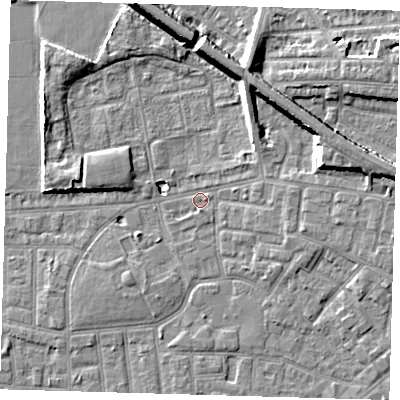 Shaded relief map of the ground around E130HA, computed from Environment Agency LiDAR. The ground here sits at about 1 m above sea level and falls 10 m across the surrounding 800 m. Surface water reaching this point runs off ground lying to the north-east, 8.0 m higher.