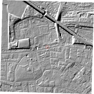 Shaded relief map of the ground around E130HB, computed from Environment Agency LiDAR. The ground here sits at about 2 m above sea level and falls 10 m across the surrounding 800 m. Surface water reaching this point runs off ground lying to the east-north-east, 7.9 m higher.