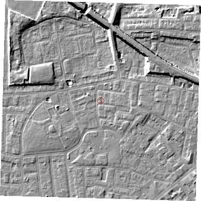Shaded relief map of the ground around E130HE, computed from Environment Agency LiDAR. The ground here sits at about 2 m above sea level and falls 10 m across the surrounding 800 m. Surface water reaching this point runs off ground lying to the east-north-east, 3.6 m higher.