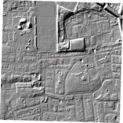 Shaded relief map of the ground around E130HF, computed from Environment Agency LiDAR. The ground here sits at about 1 m above sea level and falls 9 m across the surrounding 800 m. Surface water reaching this point runs off ground lying to the north-east, 8.9 m higher.