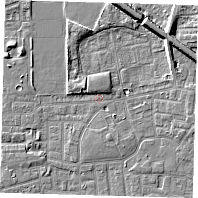 Shaded relief map of the ground around E130HG, computed from Environment Agency LiDAR. The ground here sits at about 1 m above sea level and falls 10 m across the surrounding 800 m. Surface water reaching this point runs off ground lying to the north-north-east, 9.5 m higher.