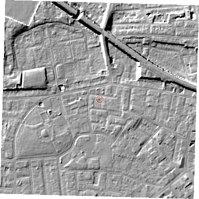Shaded relief map of the ground around E130HL, computed from Environment Agency LiDAR. The ground here sits at about 2 m above sea level and falls 10 m across the surrounding 800 m. Surface water reaching this point runs off ground lying to the east-north-east, 3.1 m higher.