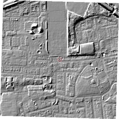 Shaded relief map of the ground around E130HQ, computed from Environment Agency LiDAR. The ground here sits at about 1 m above sea level and falls 10 m across the surrounding 800 m. Surface water reaching this point runs off ground lying to the north-west, 2.4 m higher.