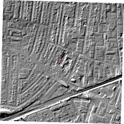 Shaded relief map of the ground around E130JT, computed from Environment Agency LiDAR. The ground here sits at about 3 m above sea level and falls 9 m across the surrounding 800 m. Surface water reaching this point runs off ground lying to the north-north-east, 3.2 m higher.