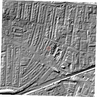 Shaded relief map of the ground around E130JX, computed from Environment Agency LiDAR. The ground here sits at about 4 m above sea level and falls 9 m across the surrounding 800 m. Surface water reaching this point runs off ground lying to the north-east, 4.1 m higher.