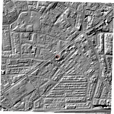 Shaded relief map of the ground around E138BJ, computed from Environment Agency LiDAR. The ground here sits at about 1 m above sea level and falls 13 m across the surrounding 800 m. Surface water reaching this point runs off ground lying to the north-east, 7.4 m higher.