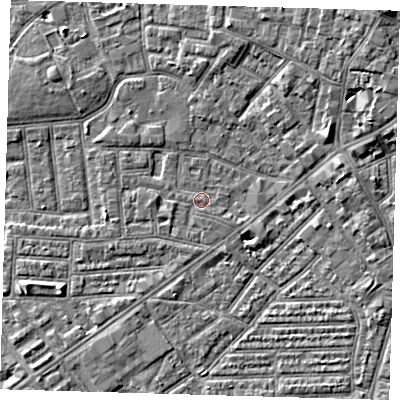 Shaded relief map of the ground around E138DB, computed from Environment Agency LiDAR. The ground here sits at about 1 m above sea level and falls 8 m across the surrounding 800 m. Surface water reaching this point runs off ground lying to the south-south-west, 2.9 m higher.