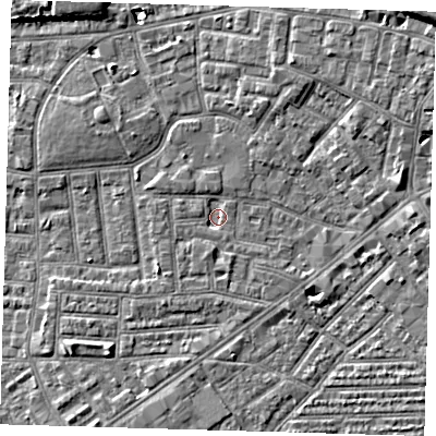 Shaded relief map of the ground around E138DF, computed from Environment Agency LiDAR. The ground here sits at about 1 m above sea level and falls 10 m across the surrounding 800 m. Surface water reaching this point runs off ground lying to the west-north-west, 1.1 m higher.