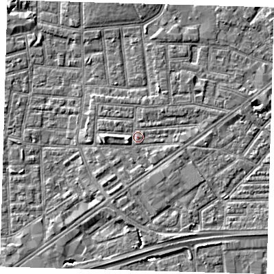 Shaded relief map of the ground around E138DH, computed from Environment Agency LiDAR. The ground here sits at about 2 m above sea level and falls 5 m across the surrounding 800 m. Surface water reaching this point runs off ground lying to the west, 2.1 m higher.