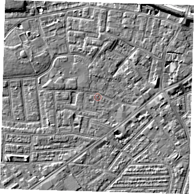 Shaded relief map of the ground around E138DL, computed from Environment Agency LiDAR. The ground here sits at about 1 m above sea level and falls 10 m across the surrounding 800 m. Surface water reaching this point runs off ground lying to the south-west, 0.6 m higher.