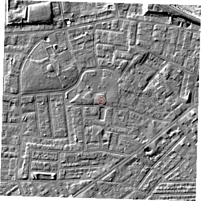 Shaded relief map of the ground around E138DW, computed from Environment Agency LiDAR. The ground here sits at about 2 m above sea level and falls 10 m across the surrounding 800 m. Surface water reaching this point runs off ground lying to the west-south-west, 1.3 m higher.