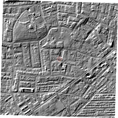 Shaded relief map of the ground around E138DX, computed from Environment Agency LiDAR. The ground here sits at about 1 m above sea level and falls 7 m across the surrounding 800 m. Surface water reaching this point runs off ground lying to the south-west, 0.8 m higher.