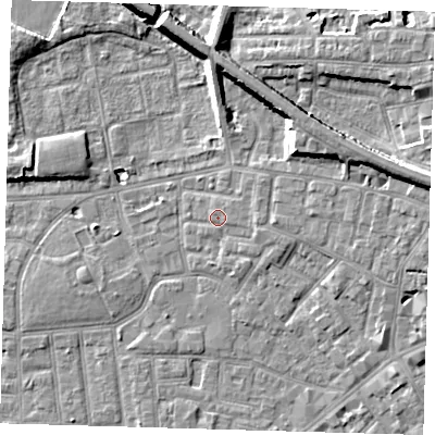 Shaded relief map of the ground around E138DY, computed from Environment Agency LiDAR. The ground here sits at about 2 m above sea level and falls 10 m across the surrounding 800 m. Surface water reaching this point runs off ground lying to the east-north-east, 2.6 m higher.