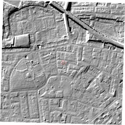 Shaded relief map of the ground around E138DZ, computed from Environment Agency LiDAR. The ground here sits at about 2 m above sea level and falls 10 m across the surrounding 800 m. Surface water reaching this point runs off ground lying to the north-east, 2.8 m higher.