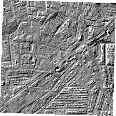 Shaded relief map of the ground around E138EG, computed from Environment Agency LiDAR. The ground here sits at about 1 m above sea level and falls 9 m across the surrounding 800 m. Surface water reaching this point runs off ground lying to the south-west, 0.8 m higher.