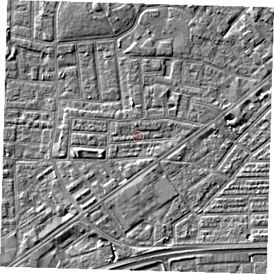 Shaded relief map of the ground around E138EH, computed from Environment Agency LiDAR. The ground here sits at about 1 m above sea level and falls 7 m across the surrounding 800 m. Surface water reaching this point runs off ground lying to the west-south-west, 2.1 m higher.