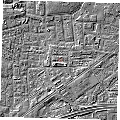 Shaded relief map of the ground around E138EJ, computed from Environment Agency LiDAR. The ground here sits at about 2 m above sea level and falls 5 m across the surrounding 800 m. Surface water reaching this point runs off ground lying to the south-west, 2.1 m higher.