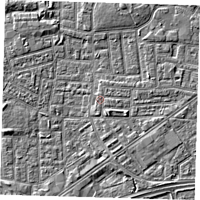 Shaded relief map of the ground around E138EL, computed from Environment Agency LiDAR. The ground here sits at about 1 m above sea level and falls 5 m across the surrounding 800 m. Surface water reaching this point runs off ground lying to the south-east, 2.8 m higher.